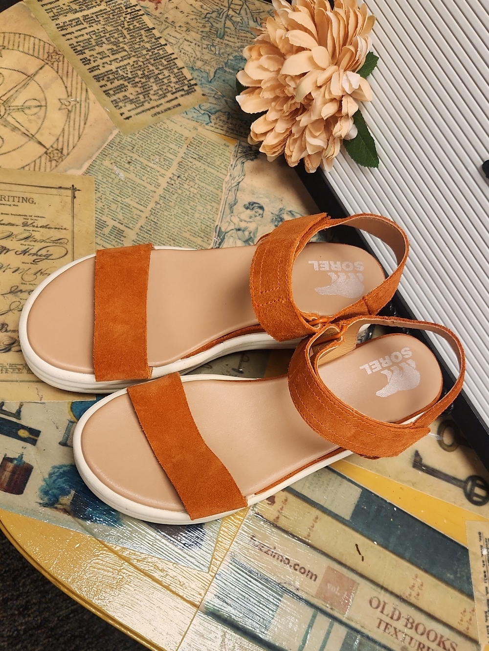 Sorel Orange Suede Ankle-Strap Sandals